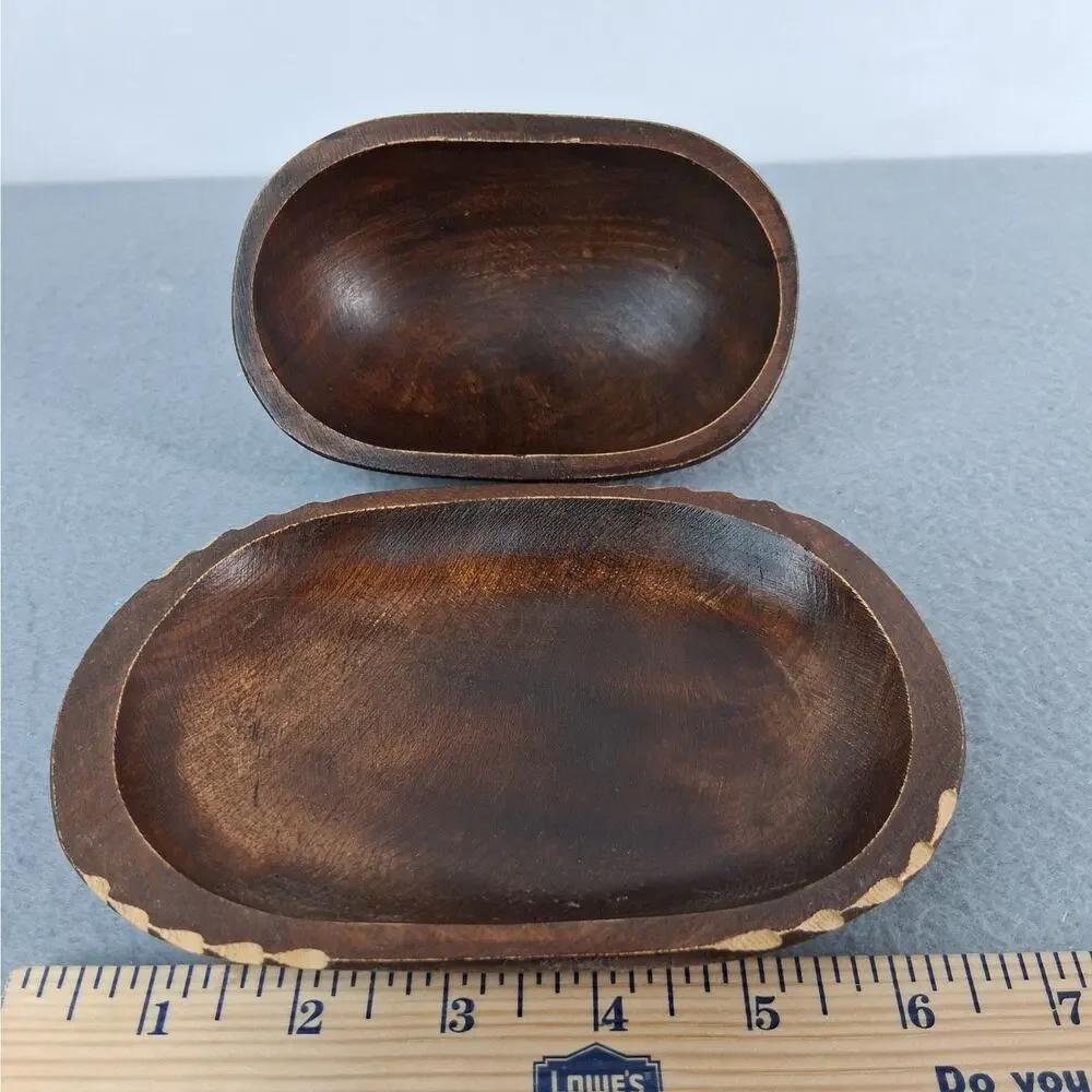 Dark Brown Oval Wooden Trinket Tray with Lid Wheat Carved on Lid